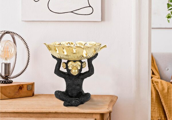 Svuotatasche porta oggetti a forma di scimmia in Resina dorato dimensioni 25,2x21x h24 cm peso 0,960 kg, oro e nero