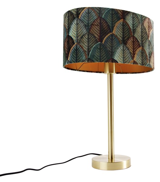Lampada da tavolo ottone con paralume ovale in velluto motivo a foglie 35cm - Simplo