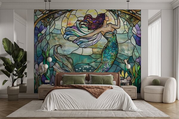 Carta da parati Carta da parati in stile vetrata con l'immagine di una magica sirena, Carta da parati Design, w02286 : Uwalls.it