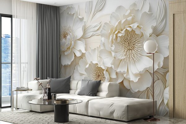Carta da parati Elegante e voluminosa imitazione di fiori di peonia bianchi con petali morbidi e centri, Carta da parati Floreale, w08431 : Uwalls.it
