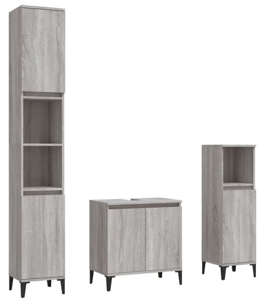 Set Mobili da Bagno 3 pz Grigio Sonoma in Legno Multistrato