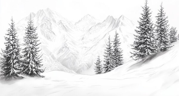 Carta da parati Montagne innevate, disegno a matita, minimalismo, foresta, natura, Carta da parati Natura, w02351 : Uwalls.it