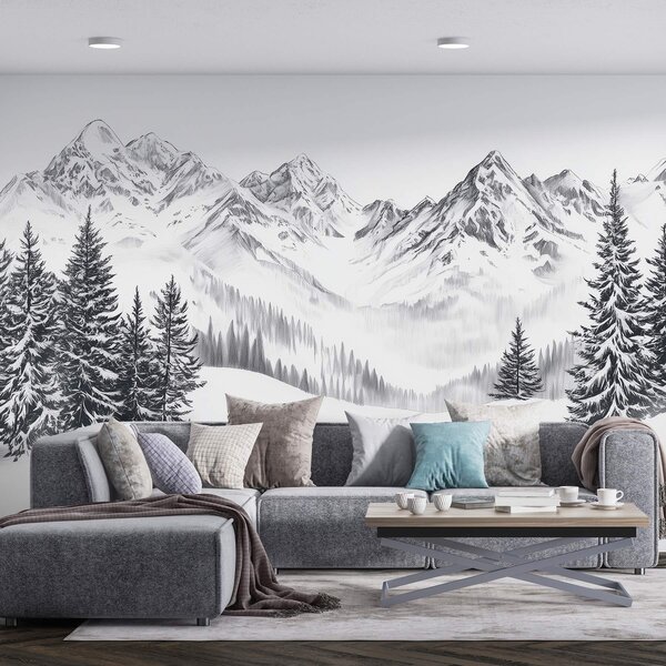 Carta da parati Montagne alpine nella neve, stile matita, minimalismo, Carta da parati Natura, w02352 : Uwalls.it