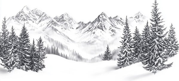 Carta da parati Montagne alpine nella neve, stile matita, minimalismo, Carta da parati Natura, w02352 : Uwalls.it