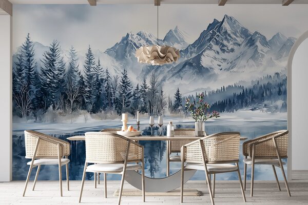 Carta da parati Alpi innevate, foresta invernale, lago ghiacciato, tavolozza di colori blu , Carta da parati Natura, w02358 : Uwalls.it