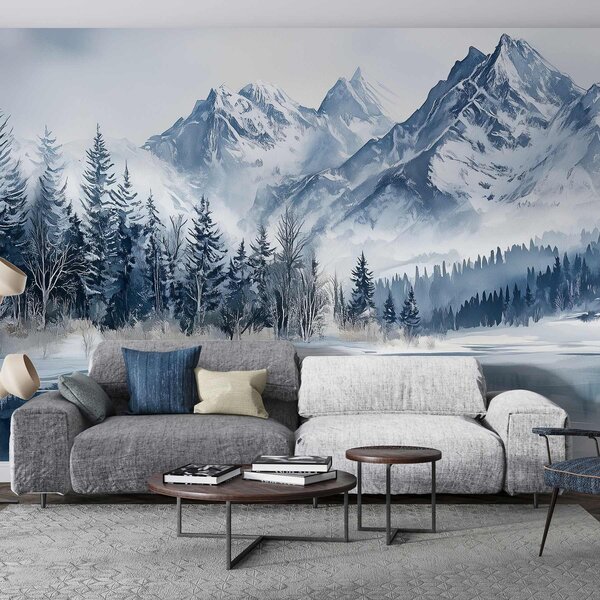 Carta da parati Alpi innevate, foresta invernale, lago ghiacciato, tavolozza di colori blu , Carta da parati Natura, w02358 : Uwalls.it