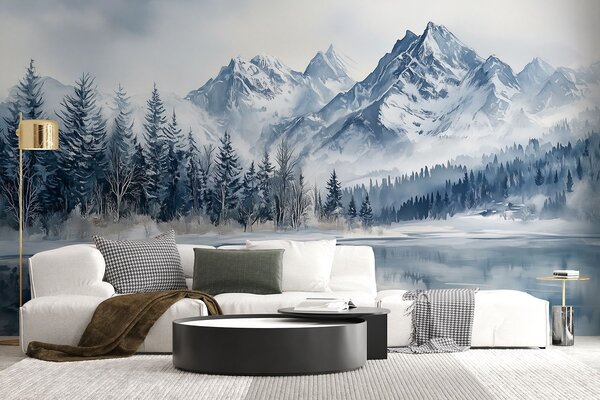 Carta da parati Alpi innevate, foresta invernale, lago ghiacciato, tavolozza di colori blu , Carta da parati Natura, w02358 : Uwalls.it