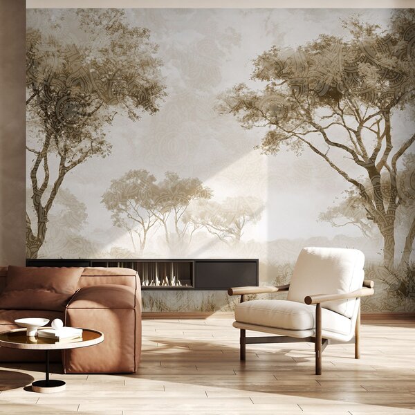 Carta da parati Un paesaggio nebbioso e sereno con alberi in primo piano e una nebbia soffice nei toni, Carta da parati Natura, w08442v2 : Uwalls.it