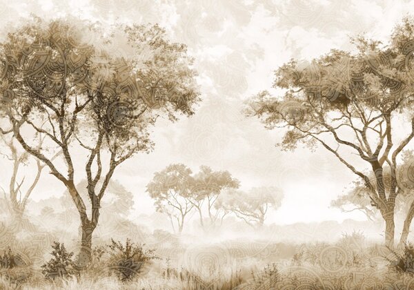 Carta da parati Un paesaggio nebbioso e sereno con alberi in primo piano e una nebbia soffice nei toni, Carta da parati Natura, w08442v2 : Uwalls.it