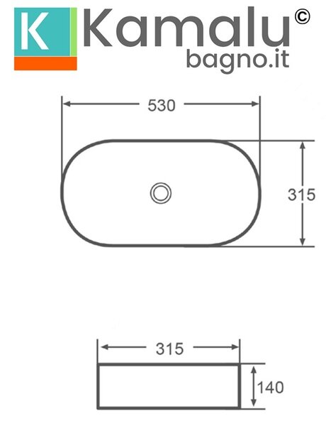 Kamalu lavabo bagno da appoggio ovale 53cm ceramica bianca | kly-5300