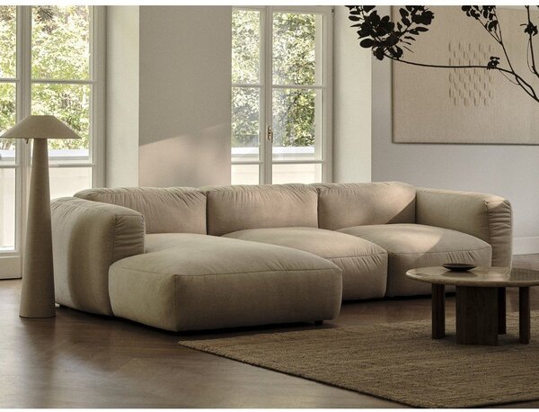 Divano angolare componibile marrone chiaro (con penisola a destra/con chaise lounge) con rivestimento in velluto Martina – Micadoni