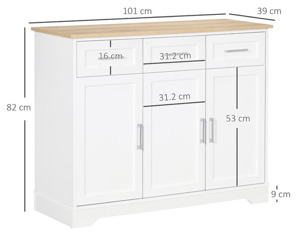 HOMCOM Credenza Moderna a 3 Cassetti e 3 Ante in MDF e Truciolato con Ripiano Regolabile, 101x39x82 cm, Bianco|Aosom