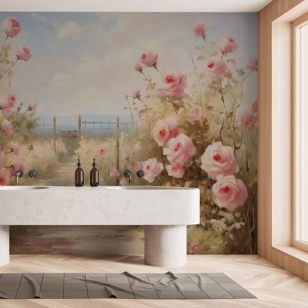 Carta da parati Giardino con rose imitazione di pennellate di pittura, Carta da parati Floreale, Carta da parati Rose, w02590 : Uwalls.it