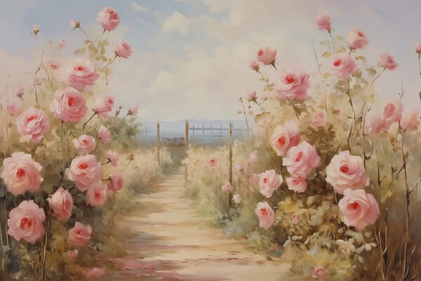 Carta da parati Giardino con rose imitazione di pennellate di pittura, Carta da parati Floreale, Carta da parati Rose, w02590 : Uwalls.it