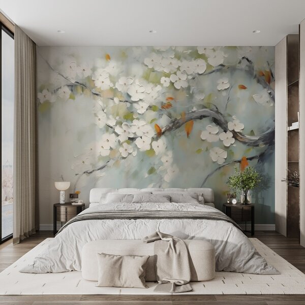 Carta da parati Ramo con fiori bianchi a imitazione di pennellate di pittura, Carta da parati Natura, w02589 : Uwalls.it