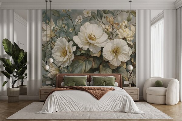 Carta da parati Grandi fiori di peonia bianchi e dettagliati con foglie verdi su uno sfondo turchese, Carta da parati Floreale, w08528 : Uwalls.it