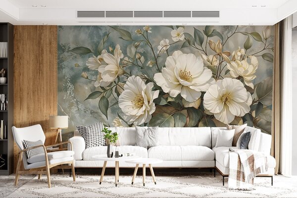 Carta da parati Grandi fiori di peonia bianchi e dettagliati con foglie verdi su uno sfondo turchese, Carta da parati Floreale, w08528 : Uwalls.it