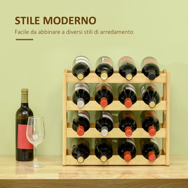 HOMCOM Scaffale Portabottiglie Vino a 4 Livelli per 16 Bottiglie in Legno di Bambù, 43x23.5x38cm|Aosom