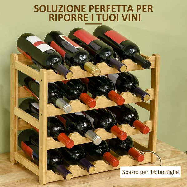 HOMCOM Scaffale Portabottiglie Vino a 4 Livelli per 16 Bottiglie in Legno di Bambù, 43x23.5x38cm|Aosom