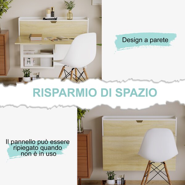 HOMCOM Scrivania a Muro Pieghevole e Salvaspazio con Ripiani, per Studio, Soggiorno e Ufficio, in Truciolato, 100x18x74 cm, Bianco e color Legno|Aosom
