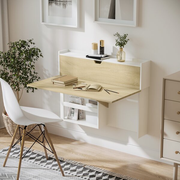 HOMCOM Scrivania a Muro Pieghevole e Salvaspazio con Ripiani, per Studio, Soggiorno e Ufficio, in Truciolato, 100x18x74 cm, Bianco e color Legno|Aosom