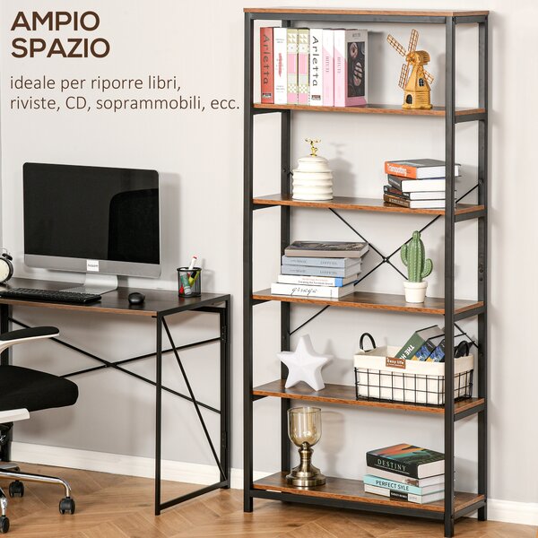 HOMCOM Libreria Salvaspazio Verticale con 6 Mensole, Scaffale in Stile Industriale Vintage,in Legno e Metallo, 80x30x180cm, Nero|Aosom Italy