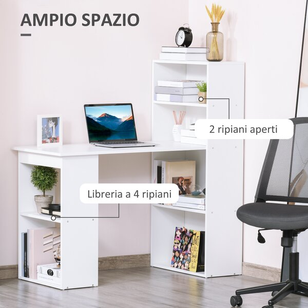 HOMCOM Scrivania Computer con Libreria Porta PC Salvaspazio, Tavolo da Pranzo per Ufficio e Studio, 120x55x120 cm, Bianco|Aosom