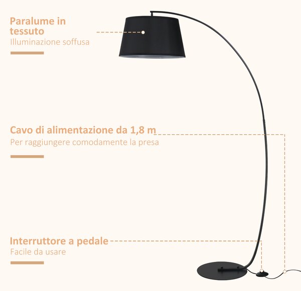 HOMCOM Lampada da Terra con Paralume Rivestito in Tessuto e Base in Metallo, Interruttore a Pedale, Φ47 x 105 x 190cm, Nera|Aosom