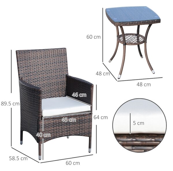 Outsunny Set Mobili da Giardino Rattan Set Arredamento Giardino 3pz Tavolo con 2 Sedie con Cuscini Marrone|Aosom