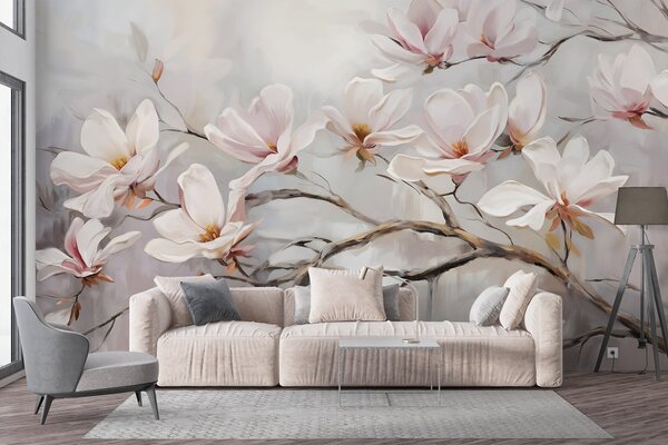 Carta da parati Delicati fiori di magnolia rosa che sbocciano su rami di alberi spogli su uno sfondo, Carta da parati Floreale, w08589 : Uwalls.it