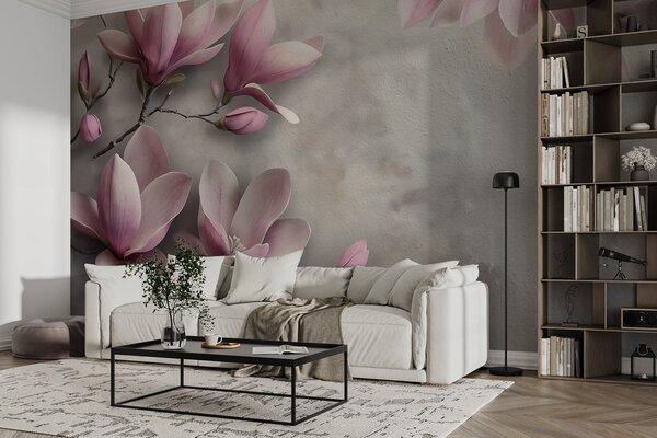 Carta da parati Delicate magnolie rosa su una parete di cemento nei toni del grigio, Carta da parati Floreale, w08636v1 : Uwalls.it