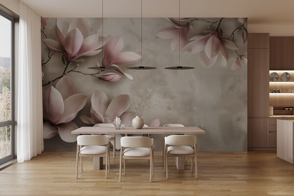 Carta da parati Delicate magnolie rosa su un muro di cemento in tonalità seppia, Carta da parati Floreale, w08636v2 : Uwalls.it