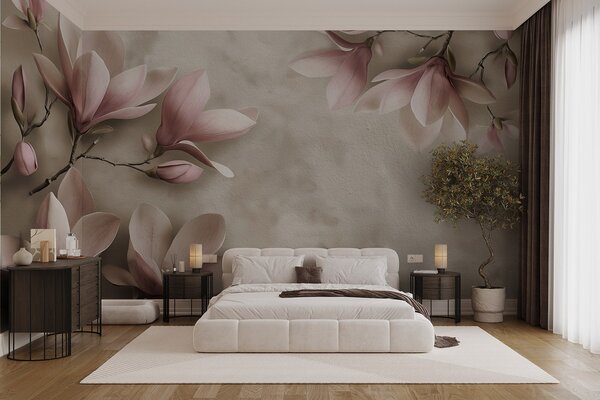 Carta da parati Delicate magnolie rosa su un muro di cemento in tonalità seppia, Carta da parati Floreale, w08636v2 : Uwalls.it