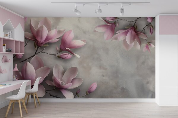 Carta da parati Delicate magnolie rosa su una parete di cemento nei toni del grigio, Carta da parati Floreale, w08636v1 : Uwalls.it