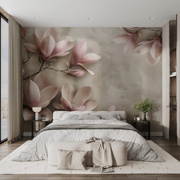 Carta da parati Delicate magnolie rosa su un muro di cemento in tonalità seppia, Carta da parati Floreale, w08636v2 : Uwalls.it