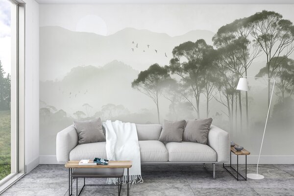 Carta da parati Alberi nella nebbia, paesaggi naturali, uccelli, sole, colori verdi, Carta da parati Natura, w02740 : Uwalls.it