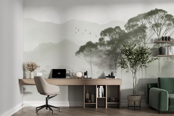 Carta da parati Alberi nella nebbia, paesaggi naturali, uccelli, sole, colori verdi, Carta da parati Natura, w02740 : Uwalls.it