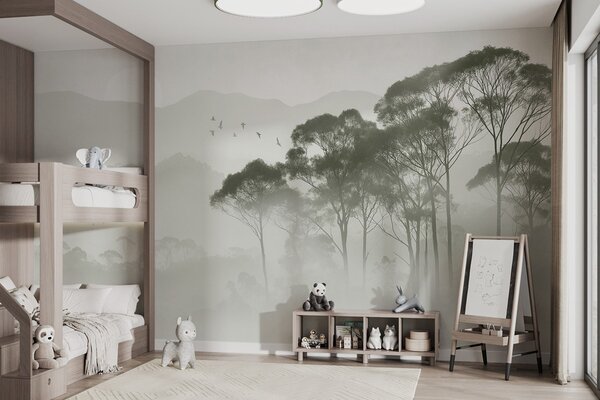 Carta da parati Alberi nella nebbia, paesaggi naturali, uccelli, sole, colori verdi, Carta da parati Natura, w02740 : Uwalls.it