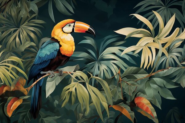 Carta da parati Paesaggio tropicale con un vivace tucano appollaiato su un, Carta da parati Animali, Carta da parati Uccelli, w02781 : Uwalls.it