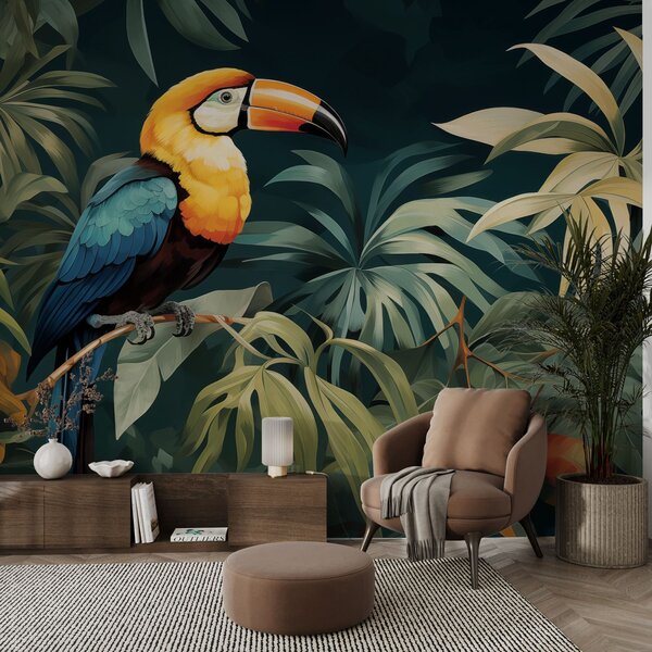 Carta da parati Paesaggio tropicale con un vivace tucano appollaiato su un, Carta da parati Animali, Carta da parati Uccelli, w02781 : Uwalls.it