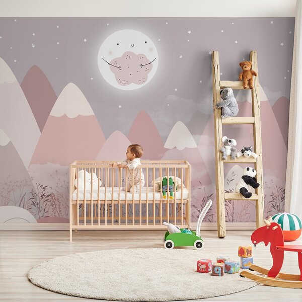 Carta da parati Montagne per bambini con una simpatica luna e piante in basso, Carta da parati per Bambini, w08659 : Uwalls.it