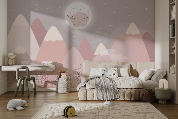 Carta da parati Montagne per bambini con una simpatica luna e piante in basso, Carta da parati per Bambini, w08659 : Uwalls.it