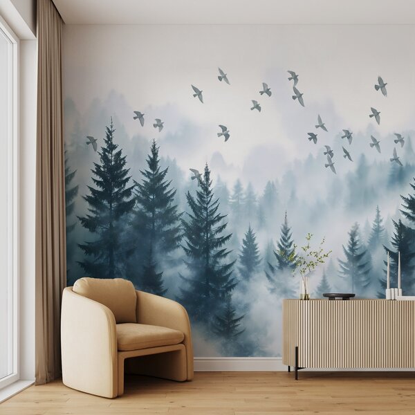 Carta da parati Tranquilla foresta nebbiosa con alberi dai toni del blu e stormi di uccelli in volo nel, Carta da parati Natura, w08664 : Uwalls.it