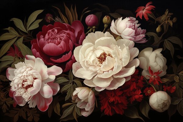 Carta da parati Un lussuoso bouquet di peonie e fiori nelle ricche tonalità del, Carta da parati Floreale, Carta da parati Rose, w08689 : Uwalls.it