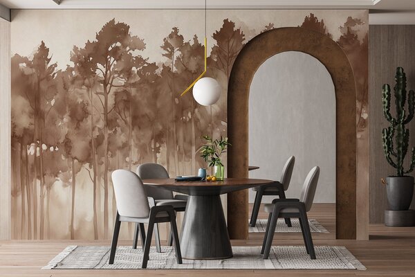 Carta da parati Foresta in stile acquerello, pini, paesaggio naturale, colori beige, Carta da parati Natura, w02937v1 : Uwalls.it