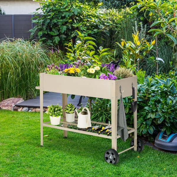 Costway Fioriera da esterno in metallo con ripiano ruote ganci e impugnatura, Aiuola rialzata per ortaggi fiori Beige