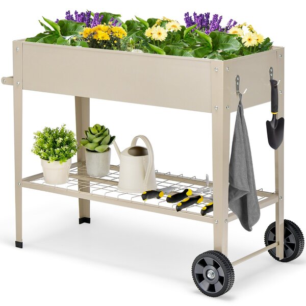 Costway Fioriera da esterno in metallo con ripiano ruote ganci e impugnatura, Aiuola rialzata per ortaggi fiori Beige