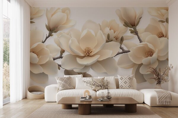 Carta da parati Fiori di magnolia sbocciati di colore beige in tonalità crema su sfondo bianco, Carta da parati Floreale, w08692 : Uwalls.it