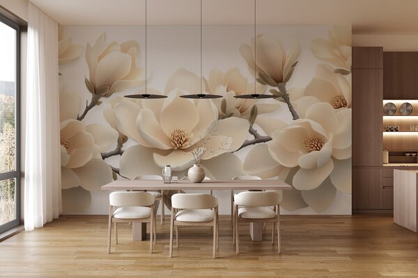 Carta da parati Fiori di magnolia sbocciati di colore beige in tonalità crema su sfondo bianco, Carta da parati Floreale, w08692 : Uwalls.it