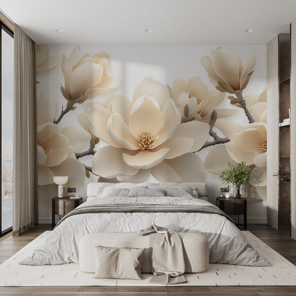 Carta da parati Fiori di magnolia sbocciati di colore beige in tonalità crema su sfondo bianco, Carta da parati Floreale, w08692 : Uwalls.it